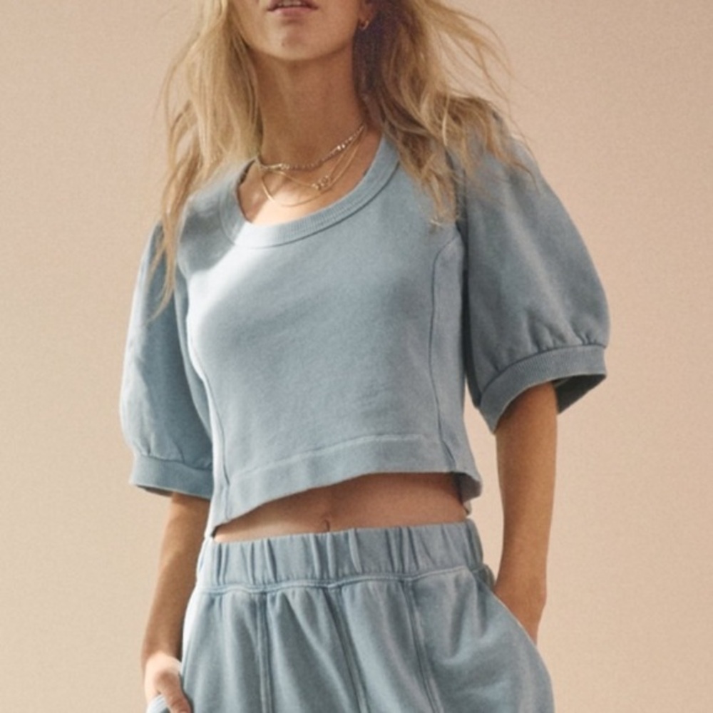 Aerie Blue Cloud Wash Seams Right Short Puff Sleeve Sweatshirt Top